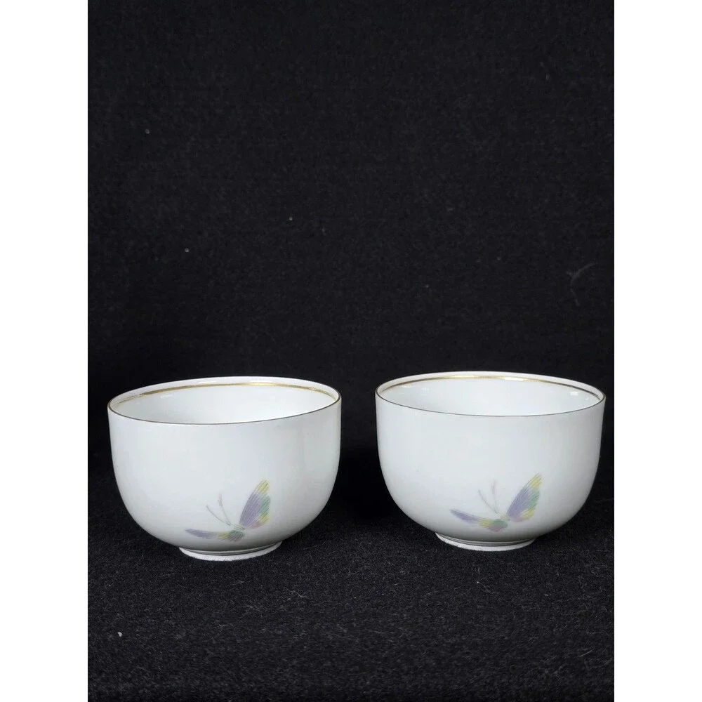 Asian Porcelain Tea Set Teapot & 2 Teacups Butterfly Gold Gilt Rim Retro